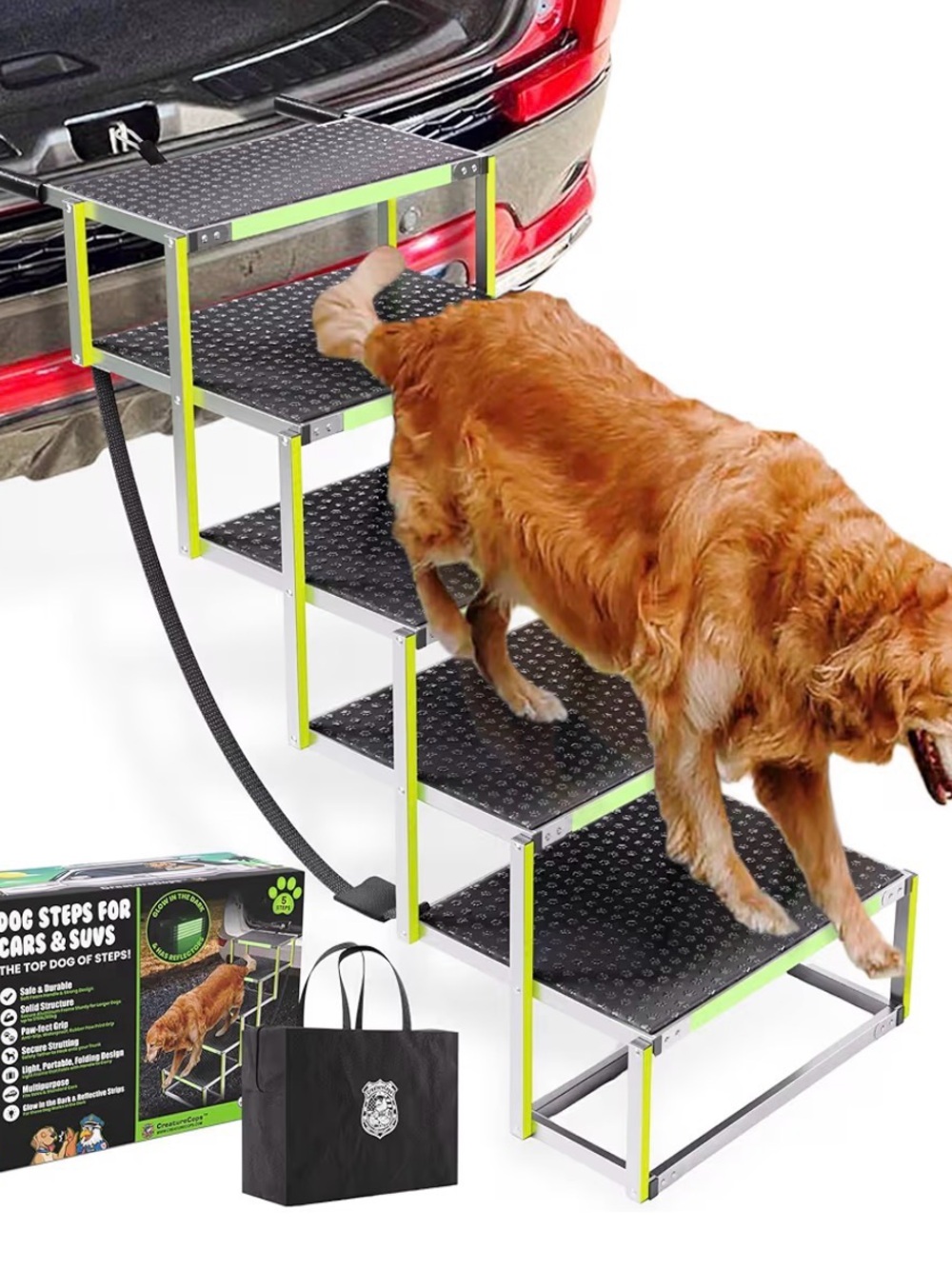 Folding Pet Ramp/Stairs for Cars - Black & Lime Green